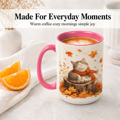 #pl[15oz|Pink] Cozy Autumn Cat Ceramic Coffee Cup, Mug with Scarf Leaf Artwork
