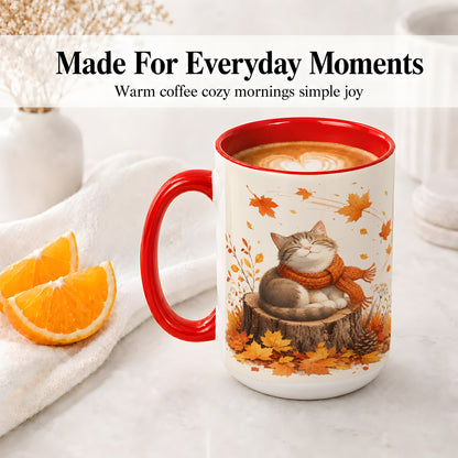 #pl[15oz|Red] Cozy Autumn Cat Ceramic Coffee Cup, Mug with Scarf Leaf Artwork