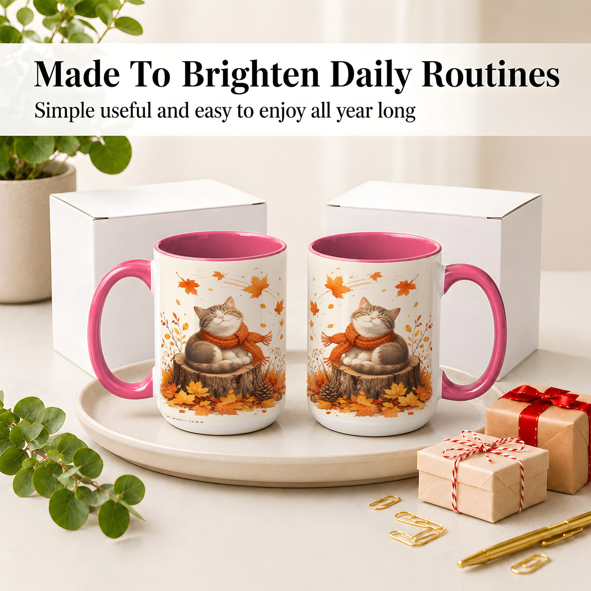 #pl[15oz|Pink] Cozy Autumn Cat Ceramic Coffee Cup, Mug with Scarf Leaf Artwork