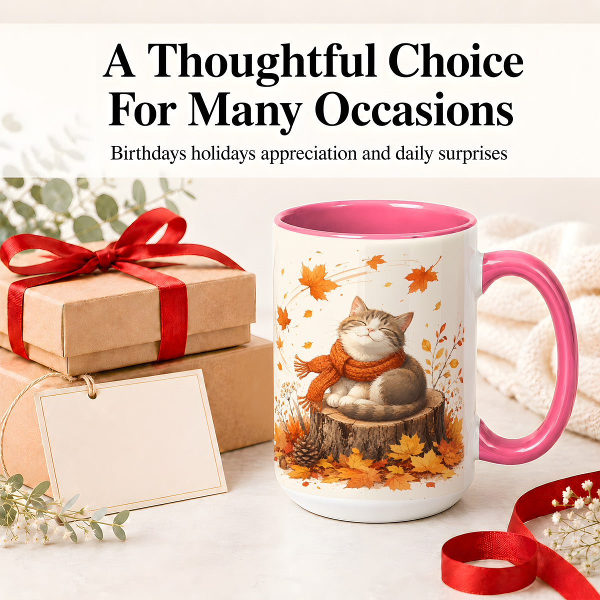 #pl[15oz|Pink] Cozy Autumn Cat Ceramic Coffee Cup, Mug with Scarf Leaf Artwork