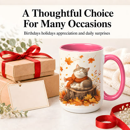 #pl[15oz|Pink] Cozy Autumn Cat Ceramic Coffee Cup, Mug with Scarf Leaf Artwork