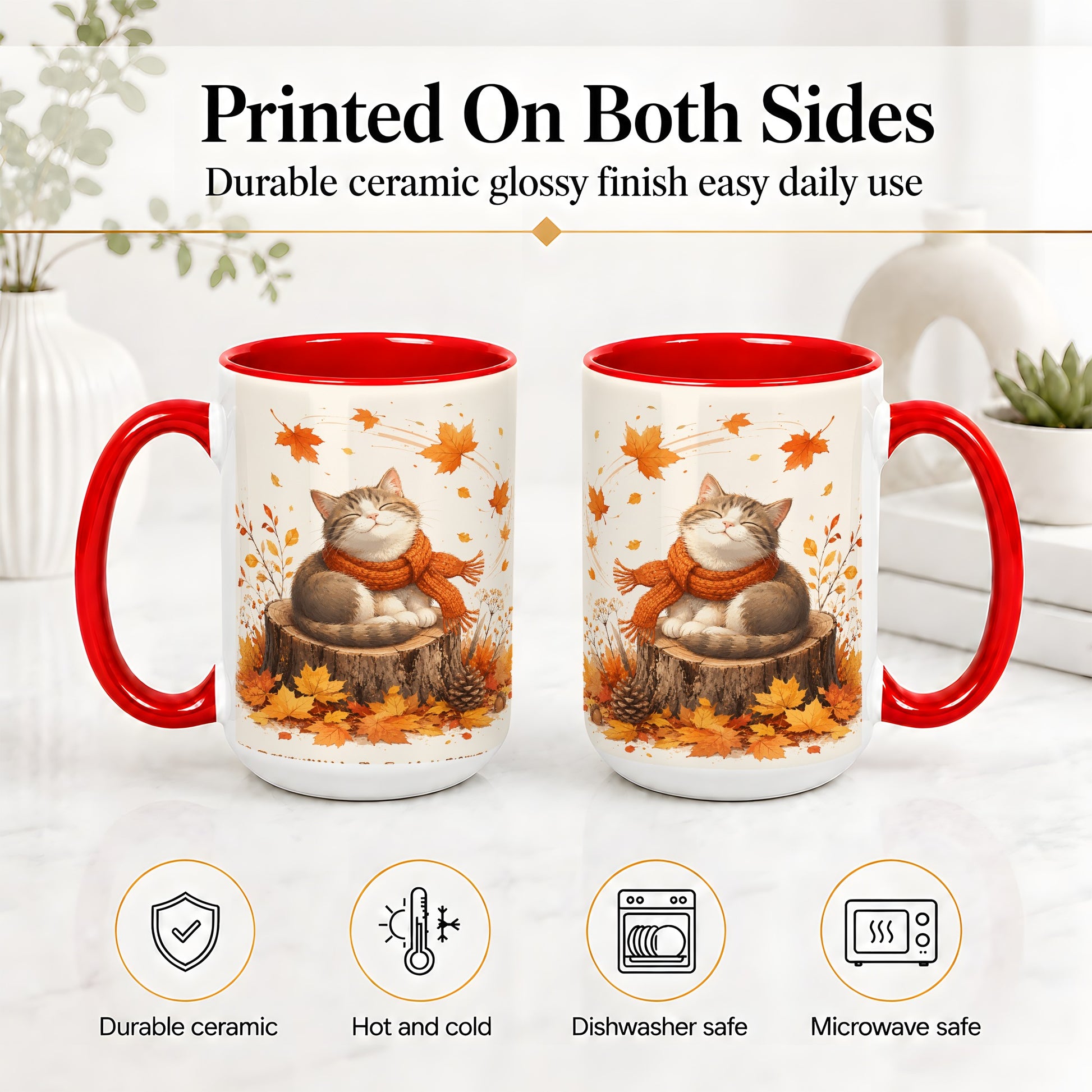 #pl[15oz|Red] Cozy Autumn Cat Ceramic Coffee Cup, Mug with Scarf Leaf Artwork