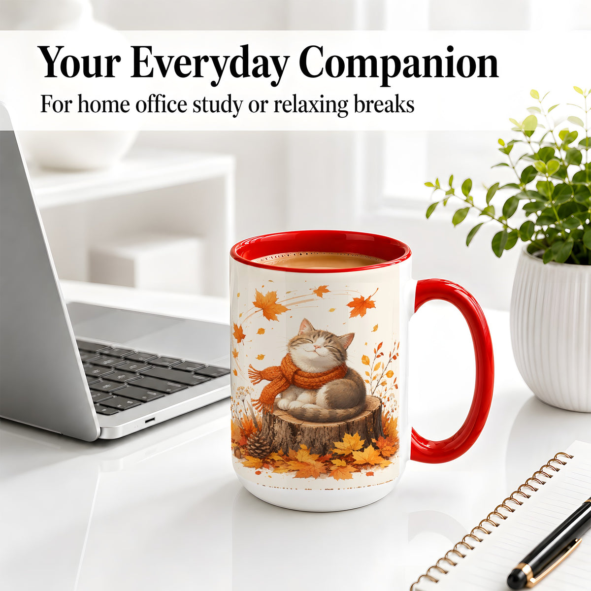 #pl[15oz|Red] Cozy Autumn Cat Ceramic Coffee Cup, Mug with Scarf Leaf Artwork