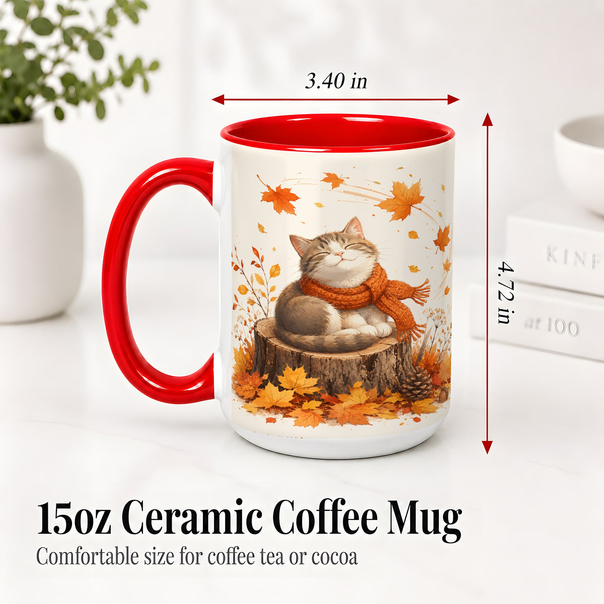 #pl[15oz|Red] Cozy Autumn Cat Ceramic Coffee Cup, Mug with Scarf Leaf Artwork