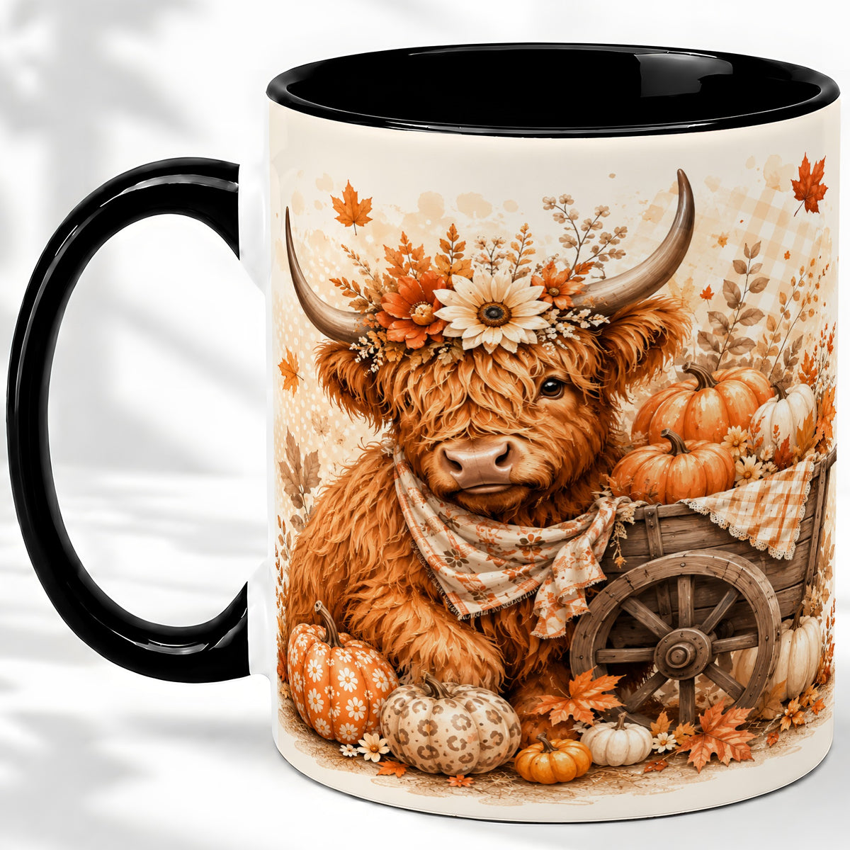 #pl[11oz|Black] Autumn Highland Cow Accent Mug, Mug with Pumpkin Floral Artwork