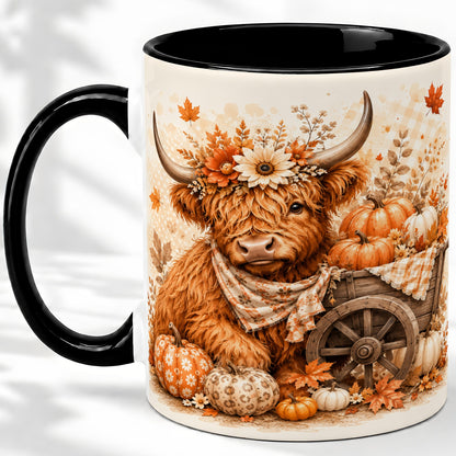 #pl[11oz|Black] Autumn Highland Cow Accent Mug, Mug with Pumpkin Floral Artwork