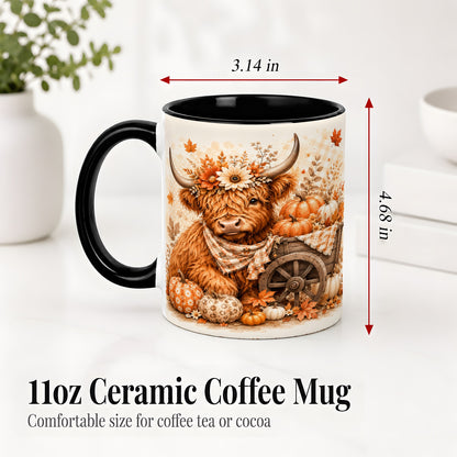 #pl[11oz|Black] Autumn Highland Cow Accent Mug, Mug with Pumpkin Floral Artwork