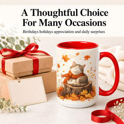 #pl[15oz|Red] Cozy Autumn Cat Ceramic Coffee Cup, Mug with Scarf Leaf Artwork