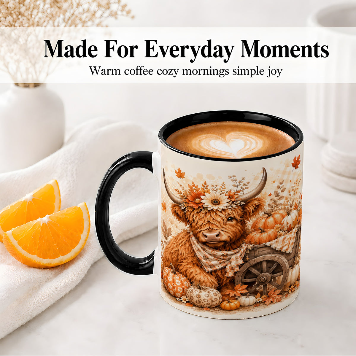 #pl[11oz|Black] Autumn Highland Cow Accent Mug, Mug with Pumpkin Floral Artwork