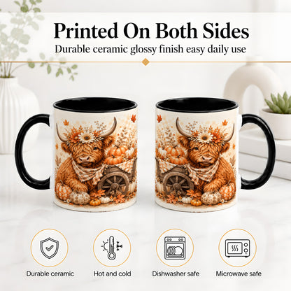 #pl[11oz|Black] Autumn Highland Cow Accent Mug, Mug with Pumpkin Floral Artwork