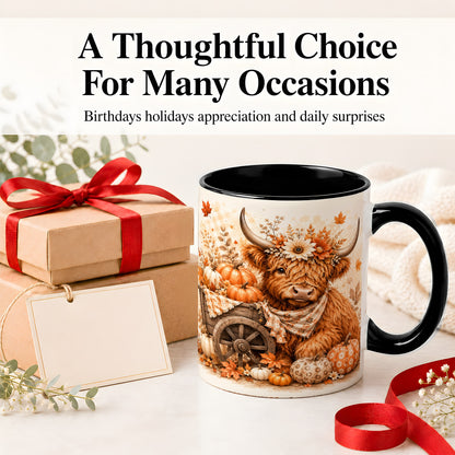 #pl[11oz|Black] Autumn Highland Cow Accent Mug, Mug with Pumpkin Floral Artwork