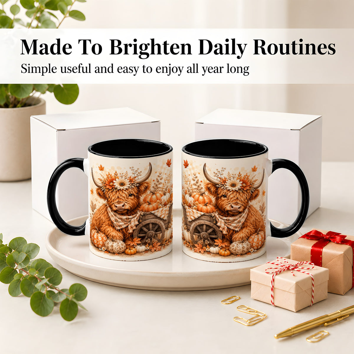 #pl[11oz|Black] Autumn Highland Cow Accent Mug, Mug with Pumpkin Floral Artwork