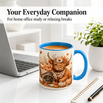#pl[11oz|Blue] Autumn Highland Cow Accent Mug, Mug with Pumpkin Floral Artwork