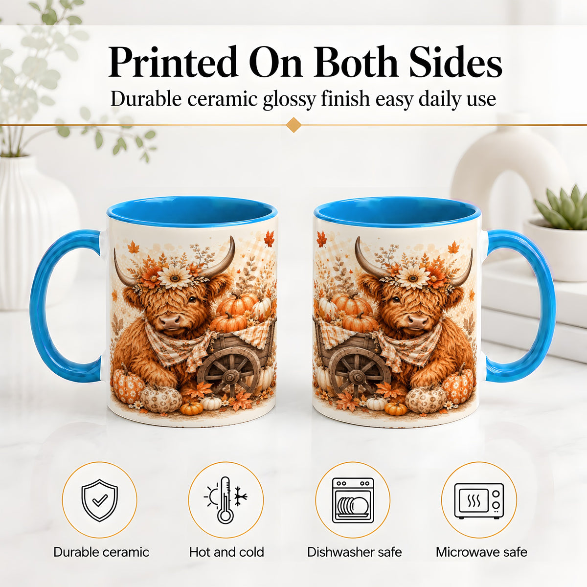 #pl[11oz|Blue] Autumn Highland Cow Accent Mug, Mug with Pumpkin Floral Artwork