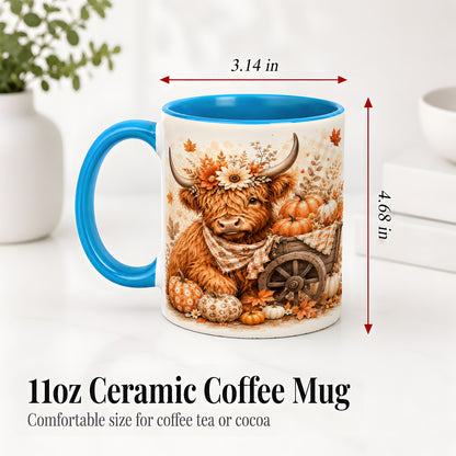 #pl[11oz|Blue] Autumn Highland Cow Accent Mug, Mug with Pumpkin Floral Artwork