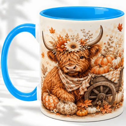 #pl[11oz|Blue] Autumn Highland Cow Accent Mug, Mug with Pumpkin Floral Artwork