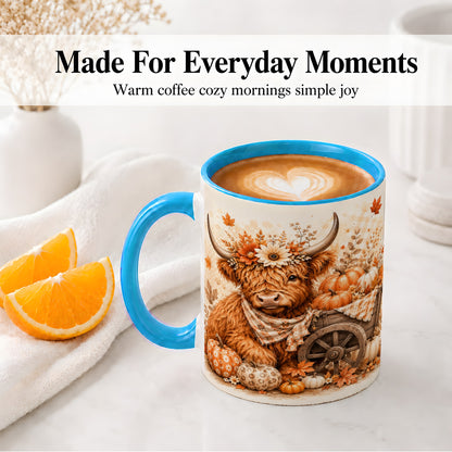 #pl[11oz|Blue] Autumn Highland Cow Accent Mug, Mug with Pumpkin Floral Artwork