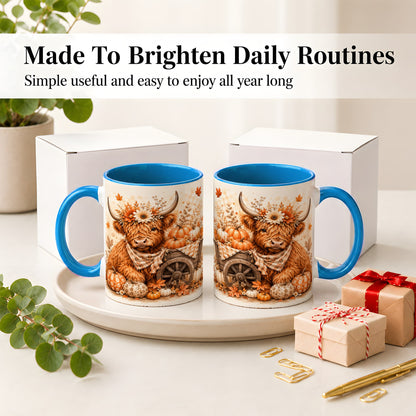 #pl[11oz|Blue] Autumn Highland Cow Accent Mug, Mug with Pumpkin Floral Artwork