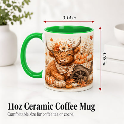 #pl[11oz|Green] Autumn Highland Cow Accent Mug, Mug with Pumpkin Floral Artwork