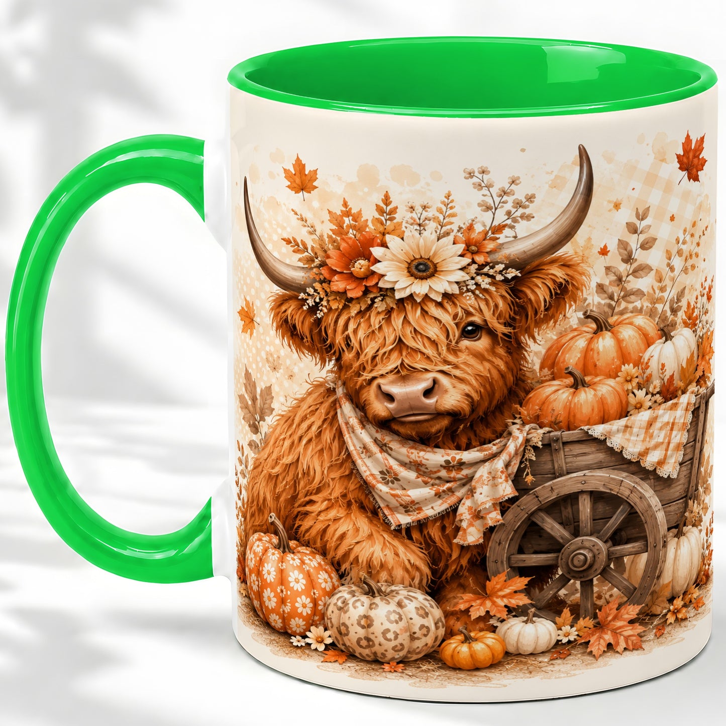 #pl[11oz|Green] Autumn Highland Cow Accent Mug, Mug with Pumpkin Floral Artwork