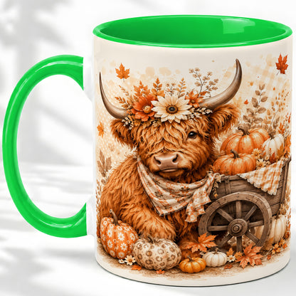 #pl[11oz|Green] Autumn Highland Cow Accent Mug, Mug with Pumpkin Floral Artwork