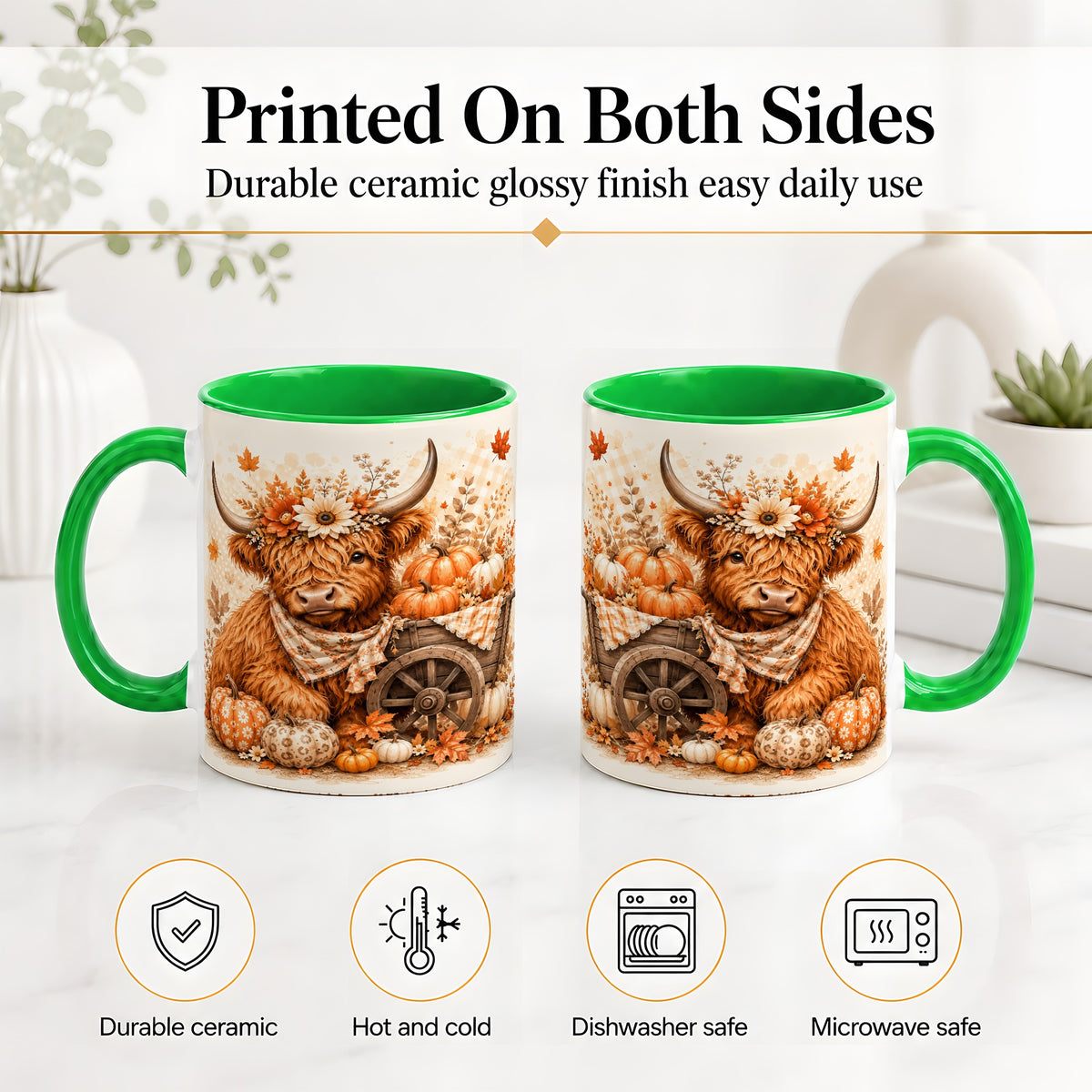 #pl[11oz|Green] Autumn Highland Cow Accent Mug, Mug with Pumpkin Floral Artwork