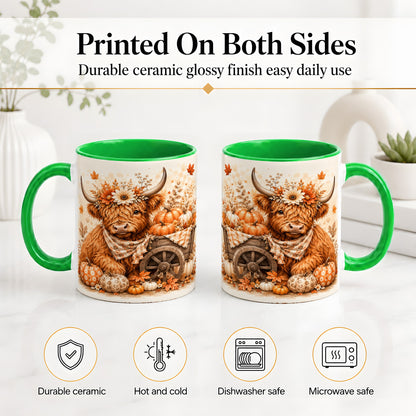 #pl[11oz|Green] Autumn Highland Cow Accent Mug, Mug with Pumpkin Floral Artwork