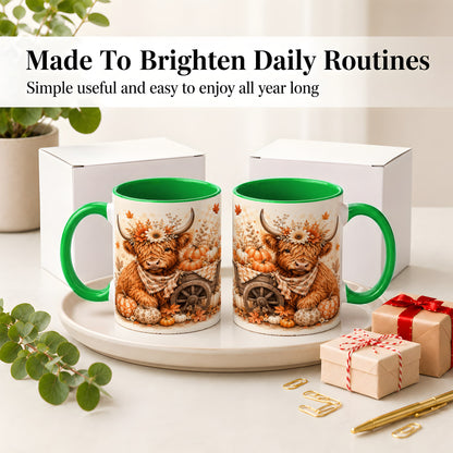 #pl[11oz|Green] Autumn Highland Cow Accent Mug, Mug with Pumpkin Floral Artwork