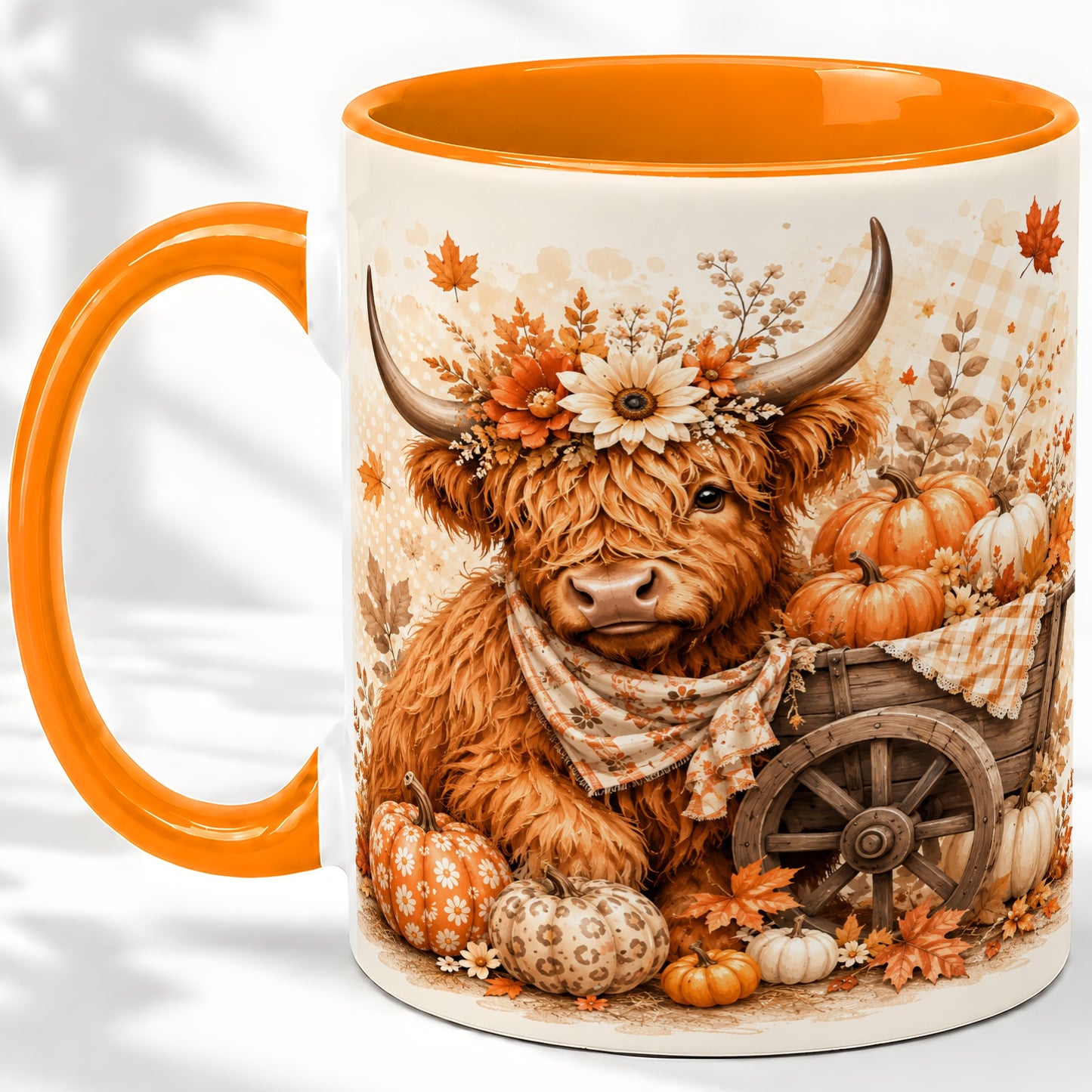 #pl[11oz|Orange] Autumn Highland Cow Accent Mug, Mug with Pumpkin Floral Artwork