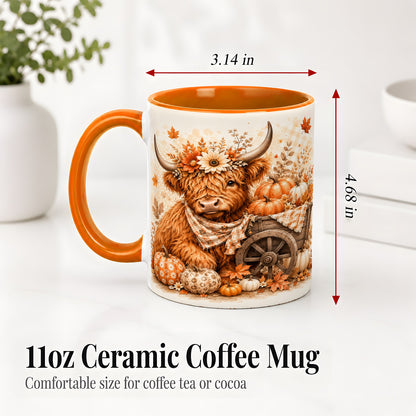#pl[11oz|Orange] Autumn Highland Cow Accent Mug, Mug with Pumpkin Floral Artwork
