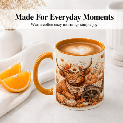 #pl[11oz|Orange] Autumn Highland Cow Accent Mug, Mug with Pumpkin Floral Artwork