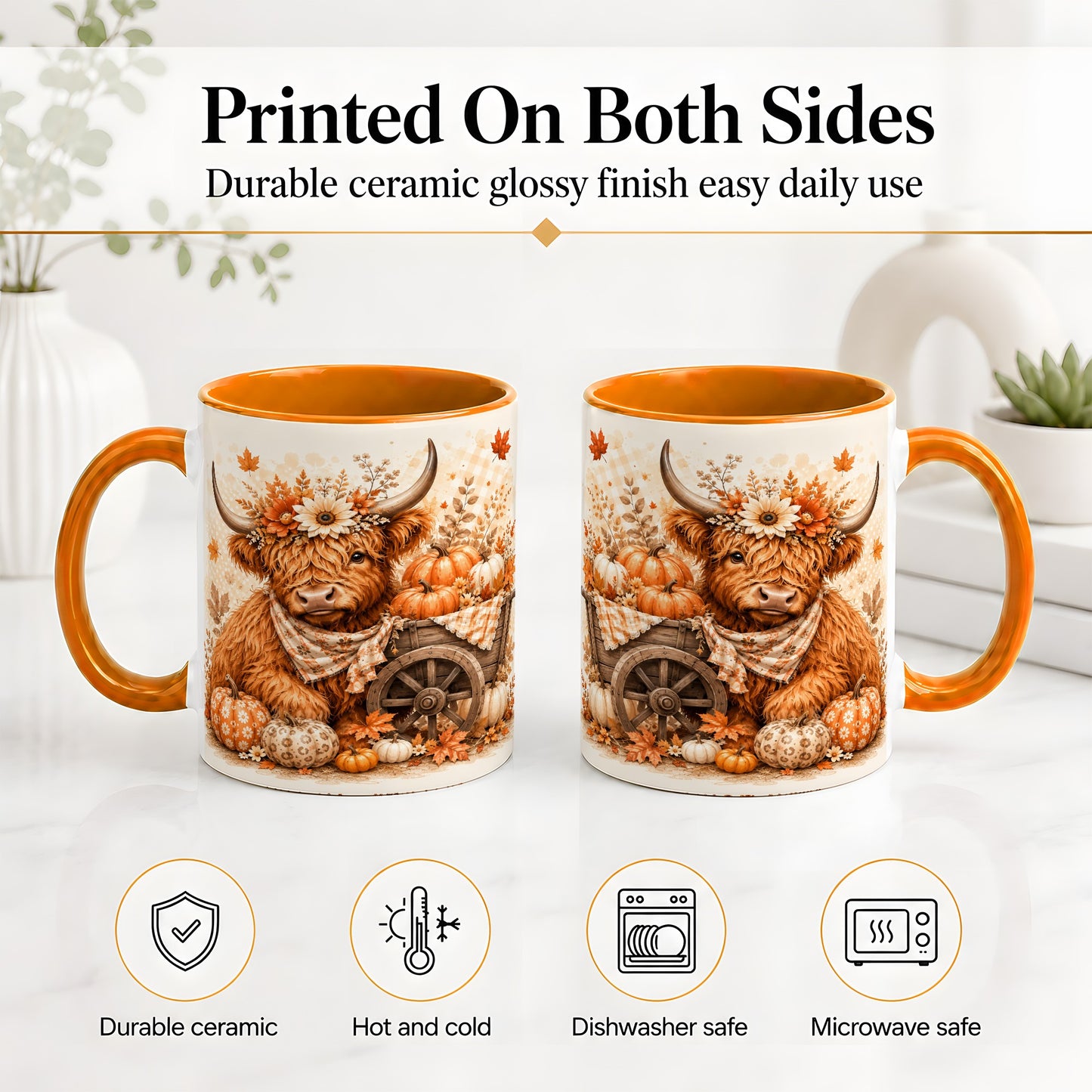 #pl[11oz|Orange] Autumn Highland Cow Accent Mug, Mug with Pumpkin Floral Artwork