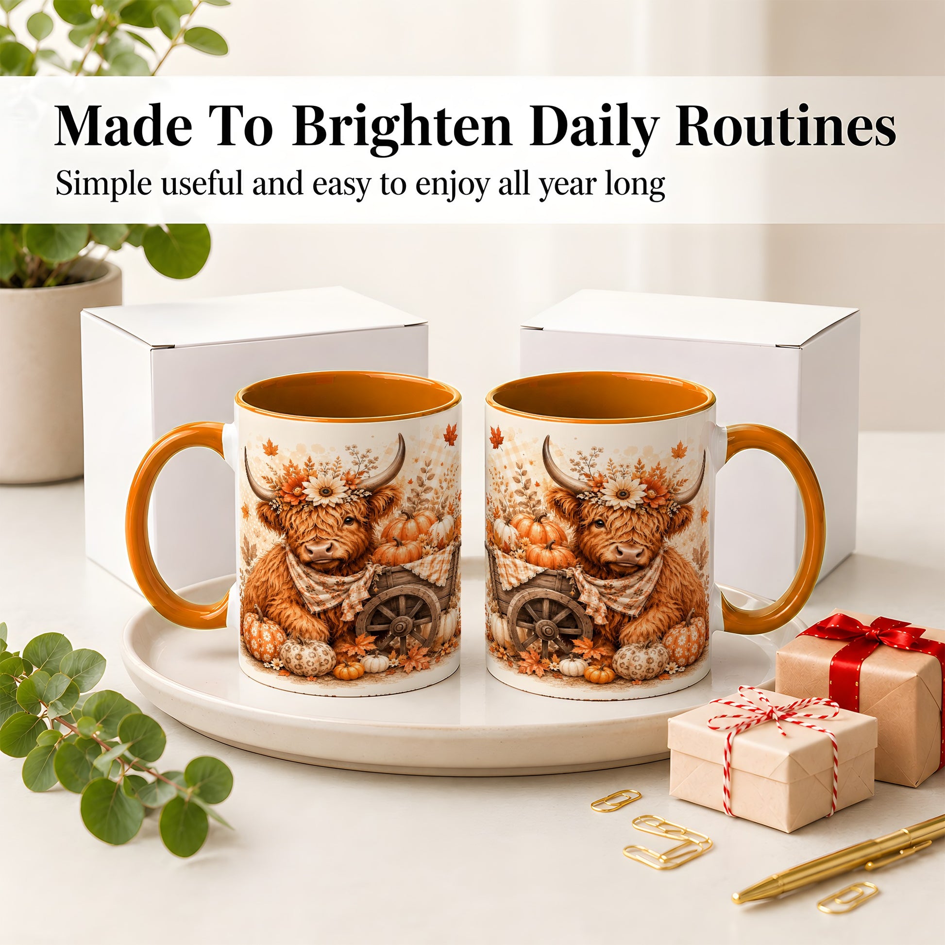 #pl[11oz|Orange] Autumn Highland Cow Accent Mug, Mug with Pumpkin Floral Artwork