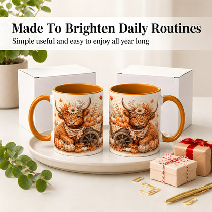 #pl[11oz|Orange] Autumn Highland Cow Accent Mug, Mug with Pumpkin Floral Artwork