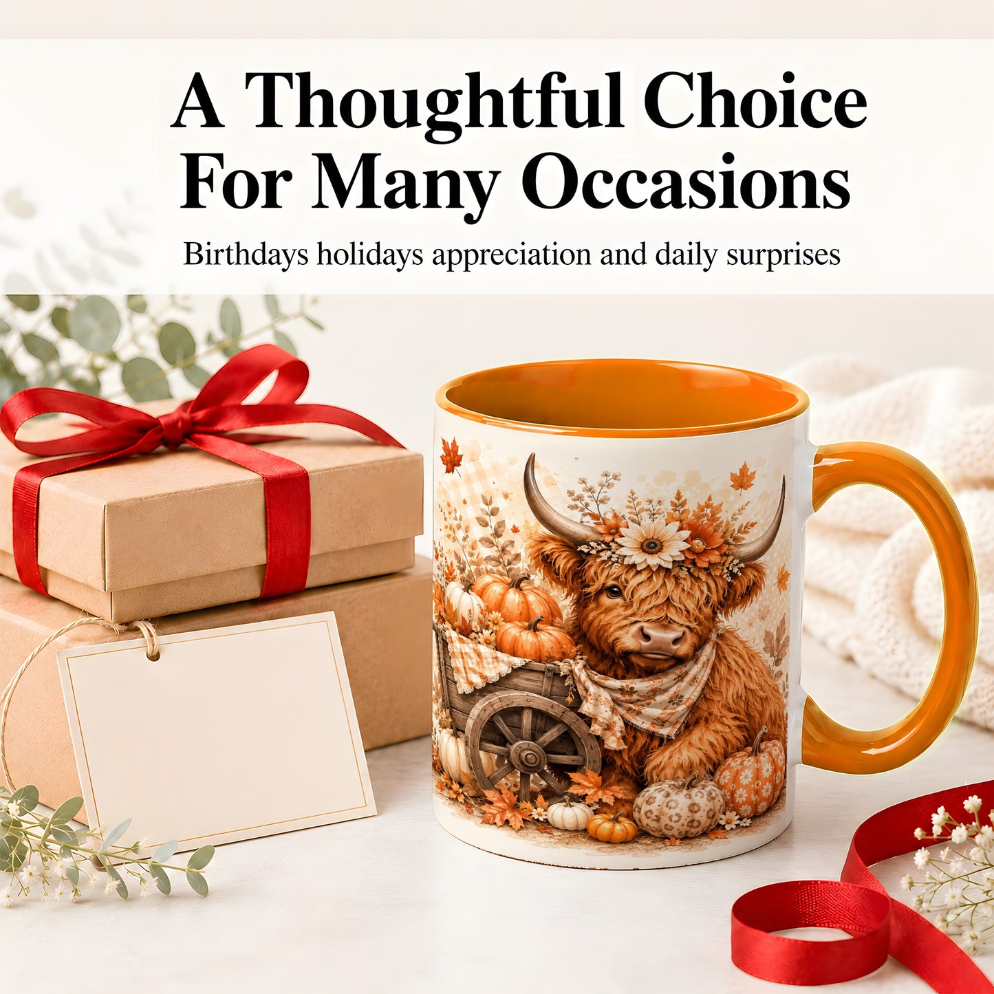 #pl[11oz|Orange] Autumn Highland Cow Accent Mug, Mug with Pumpkin Floral Artwork