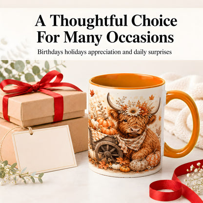 #pl[11oz|Orange] Autumn Highland Cow Accent Mug, Mug with Pumpkin Floral Artwork