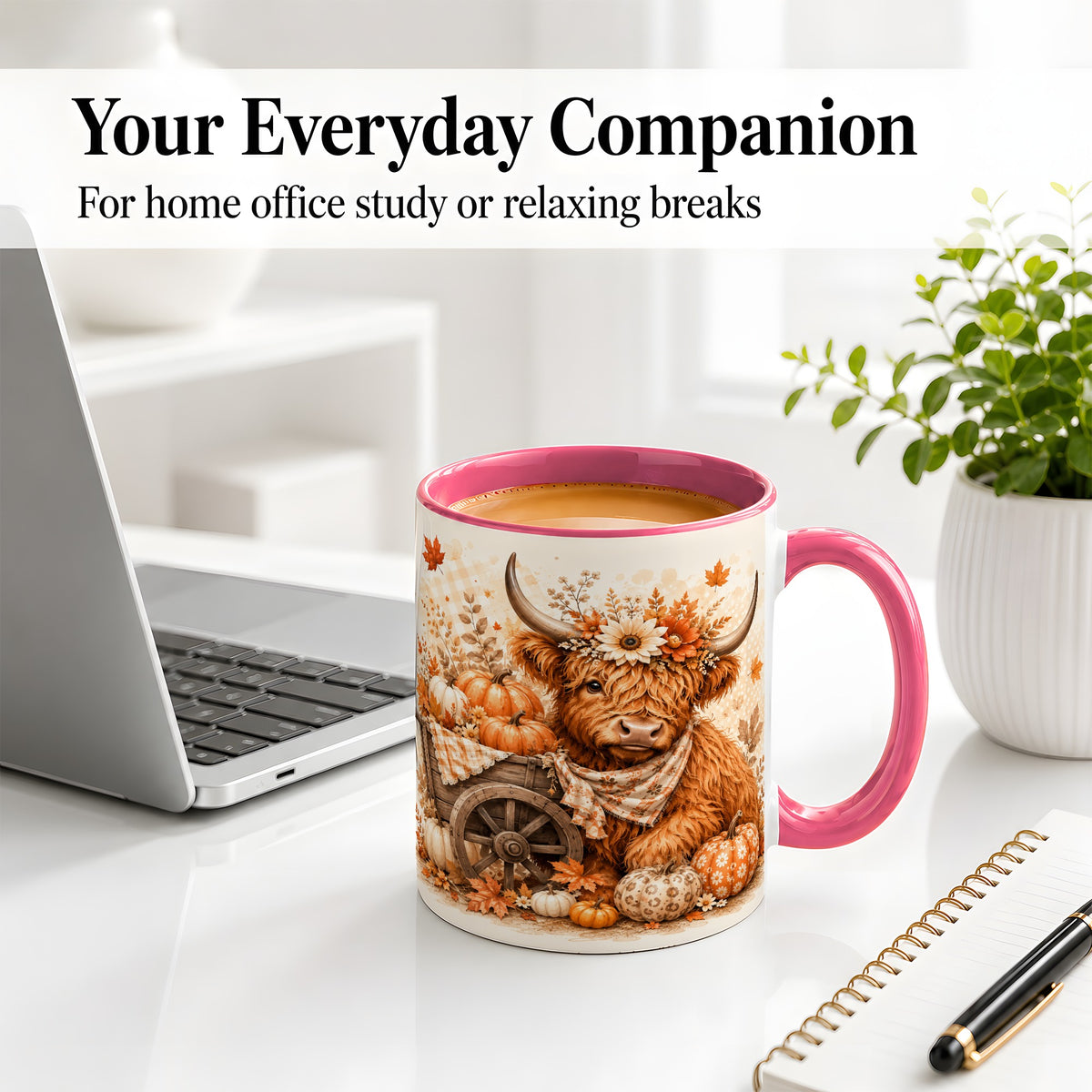 #pl[11oz|Pink] Autumn Highland Cow Accent Mug, Mug with Pumpkin Floral Artwork