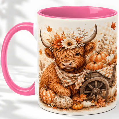 #pl[11oz|Pink] Autumn Highland Cow Accent Mug, Mug with Pumpkin Floral Artwork