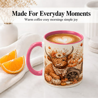 #pl[11oz|Pink] Autumn Highland Cow Accent Mug, Mug with Pumpkin Floral Artwork