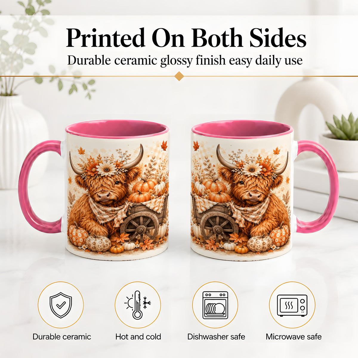 #pl[11oz|Pink] Autumn Highland Cow Accent Mug, Mug with Pumpkin Floral Artwork