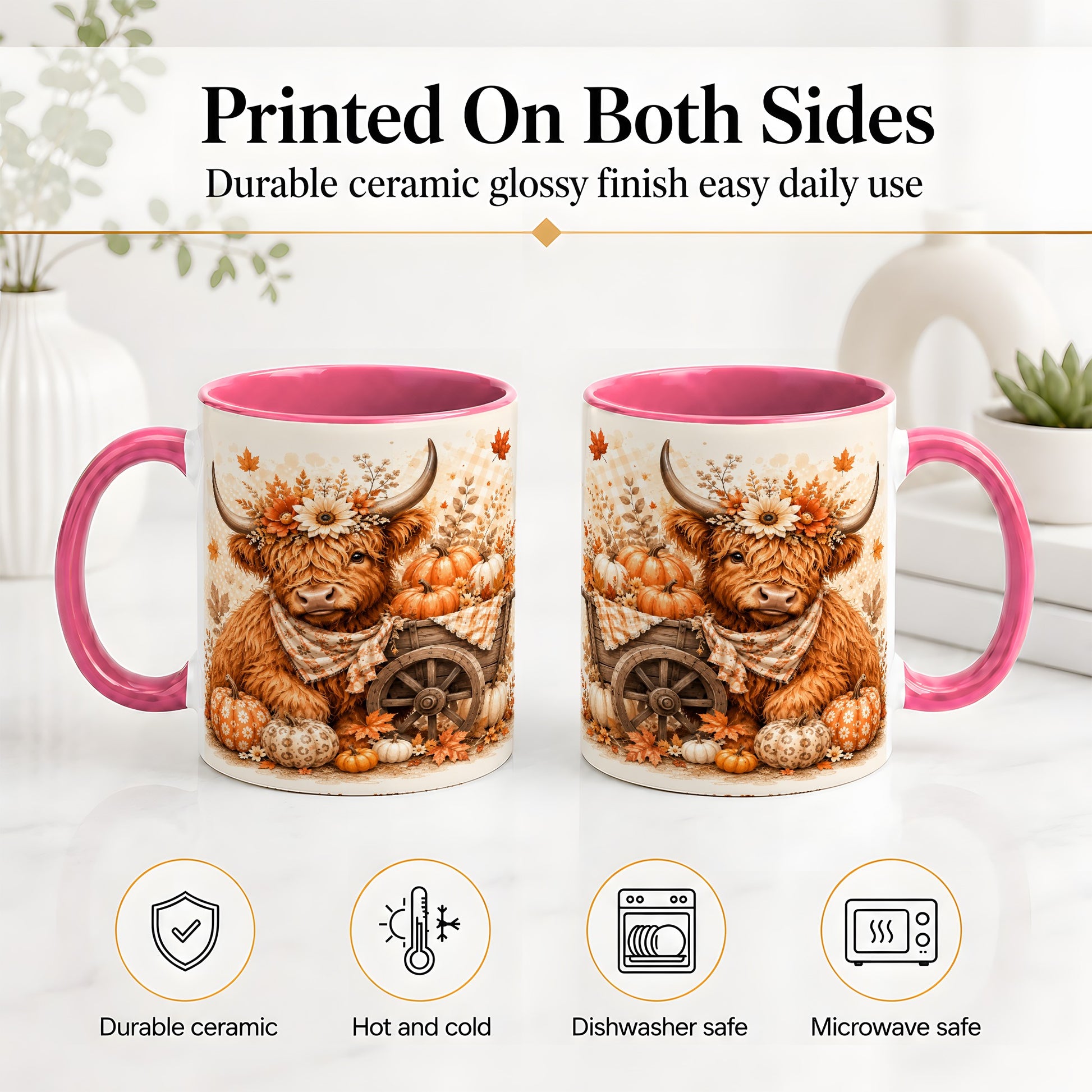 #pl[11oz|Pink] Autumn Highland Cow Accent Mug, Mug with Pumpkin Floral Artwork