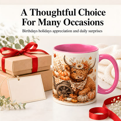 #pl[11oz|Pink] Autumn Highland Cow Accent Mug, Mug with Pumpkin Floral Artwork