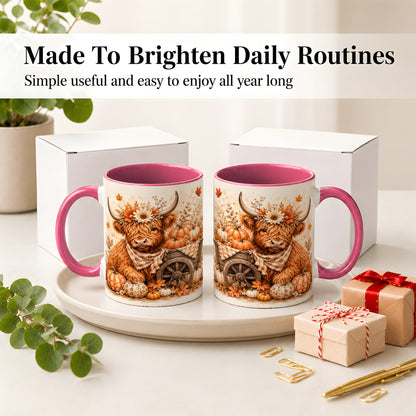 #pl[11oz|Pink] Autumn Highland Cow Accent Mug, Mug with Pumpkin Floral Artwork