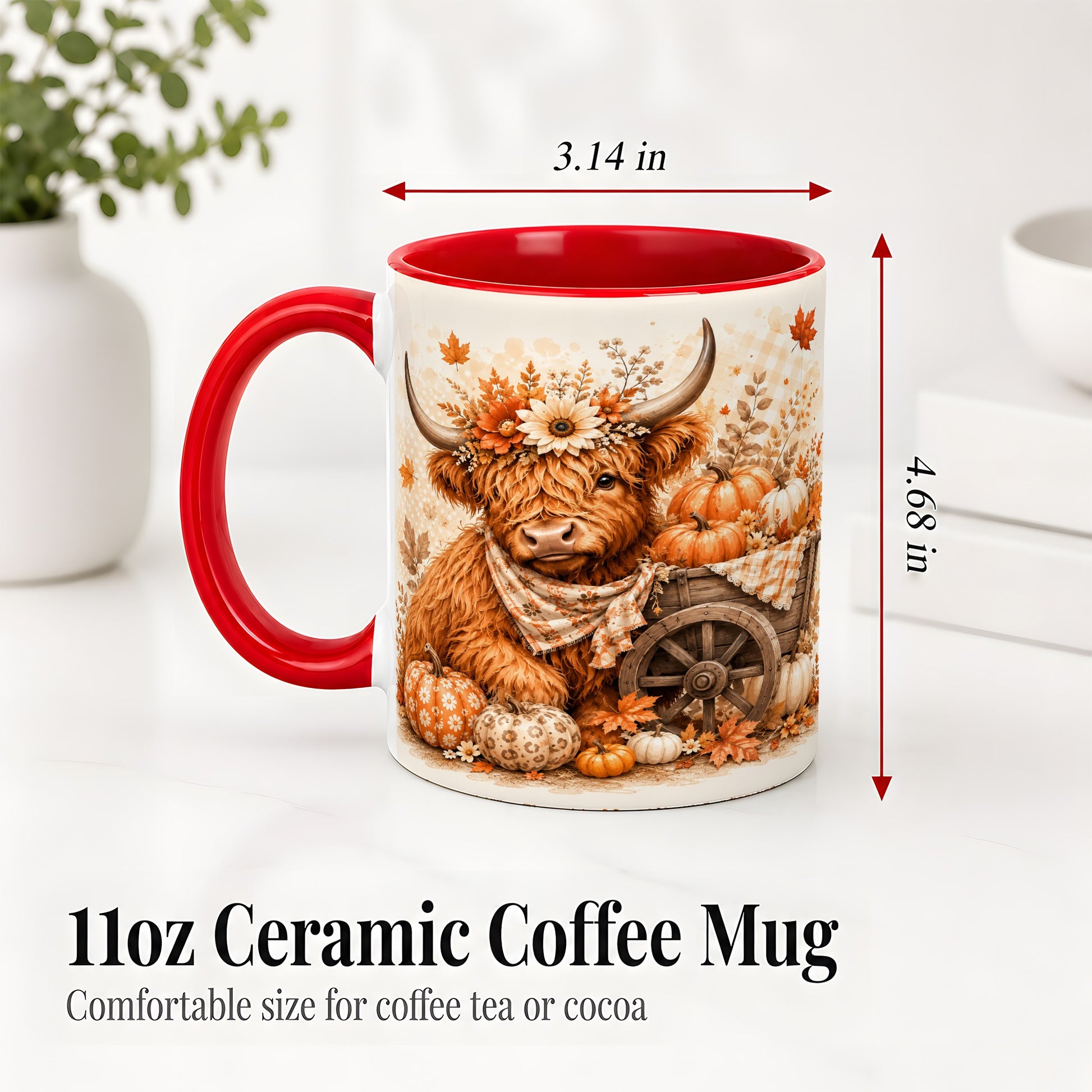 #pl[11oz|Red] Autumn Highland Cow Accent Mug, Mug with Pumpkin Floral Artwork