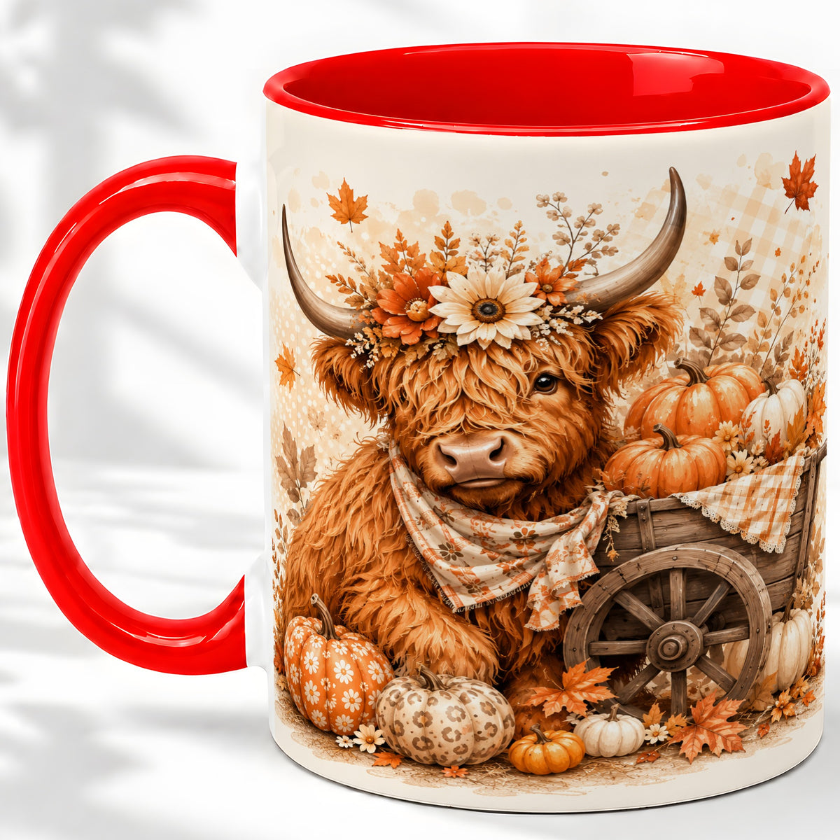 Autumn Highland Cow Accent Mug, Mug with Pumpkin Floral Artwork