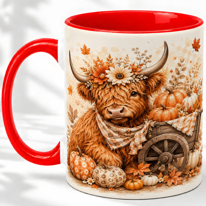 Autumn Highland Cow Accent Mug, Mug with Pumpkin Floral Artwork