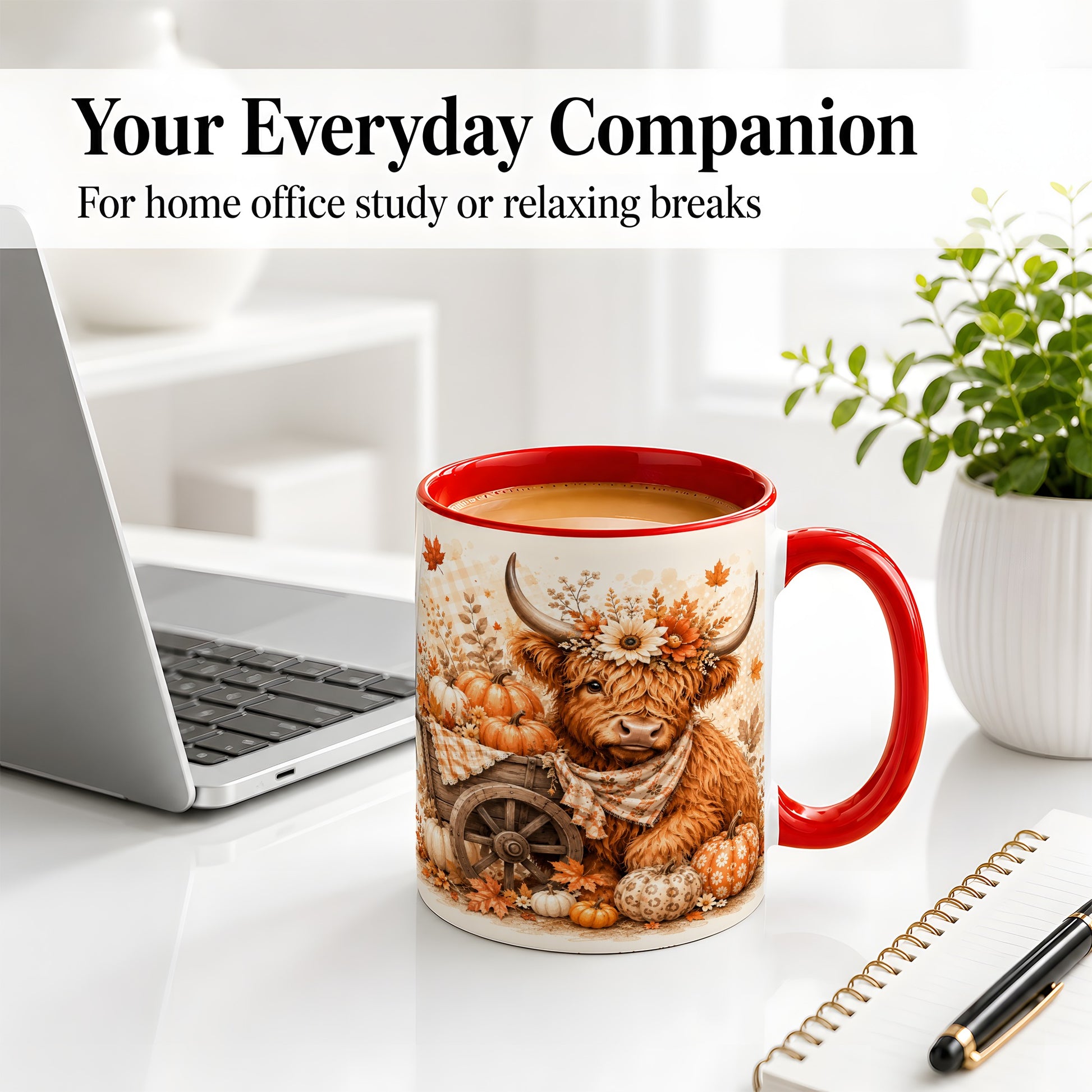 #pl[11oz|Red] Autumn Highland Cow Accent Mug, Mug with Pumpkin Floral Artwork