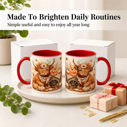 #pl[11oz|Red] Autumn Highland Cow Accent Mug, Mug with Pumpkin Floral Artwork