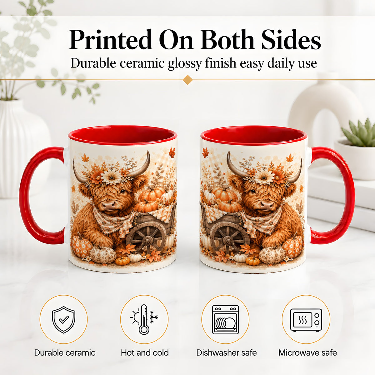 #pl[11oz|Red] Autumn Highland Cow Accent Mug, Mug with Pumpkin Floral Artwork
