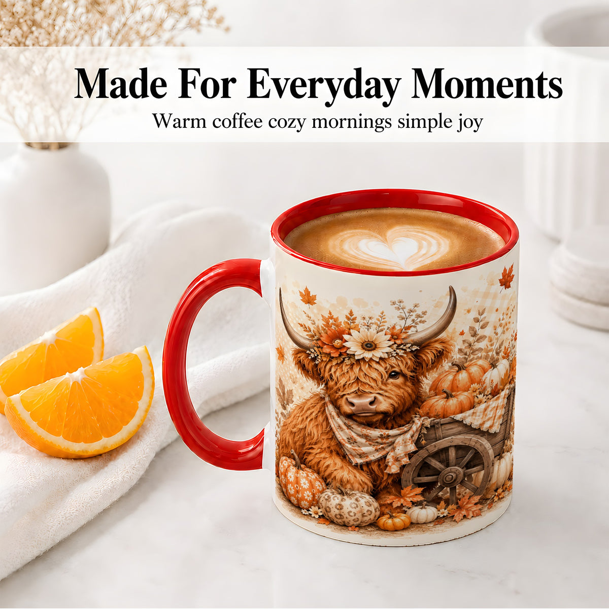 #pl[11oz|Red] Autumn Highland Cow Accent Mug, Mug with Pumpkin Floral Artwork